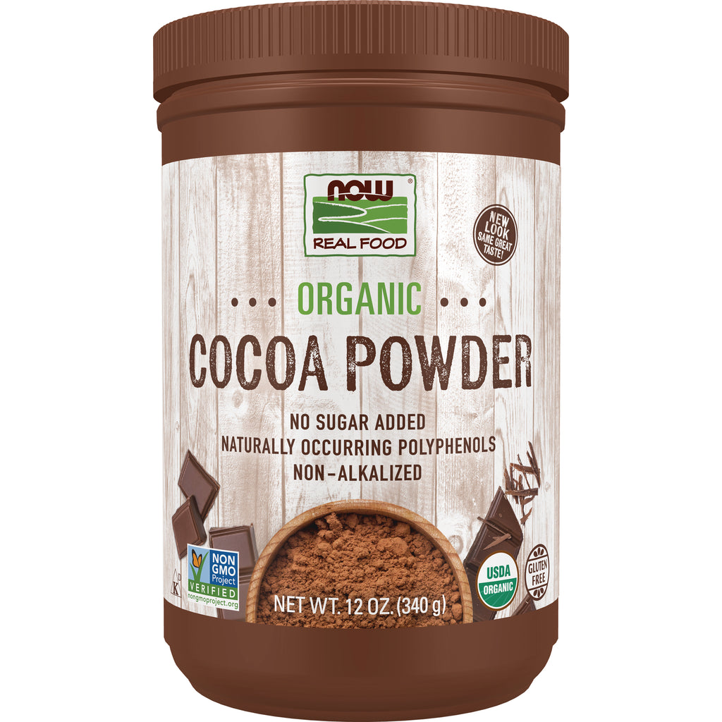 NWF389 | NOW Real Food organic cocoa powder 12 oz jar front label reading ORGANIC COCOA POWDER and certification badges - Thumbnail