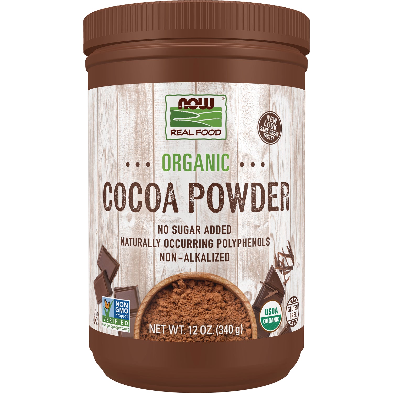 NWF389 | NOW Real Food organic cocoa powder 12 oz jar front label reading ORGANIC COCOA POWDER and certification badges