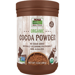 NWF389 | NOW Real Food organic cocoa powder 12 oz jar front label reading ORGANIC COCOA POWDER and certification badges