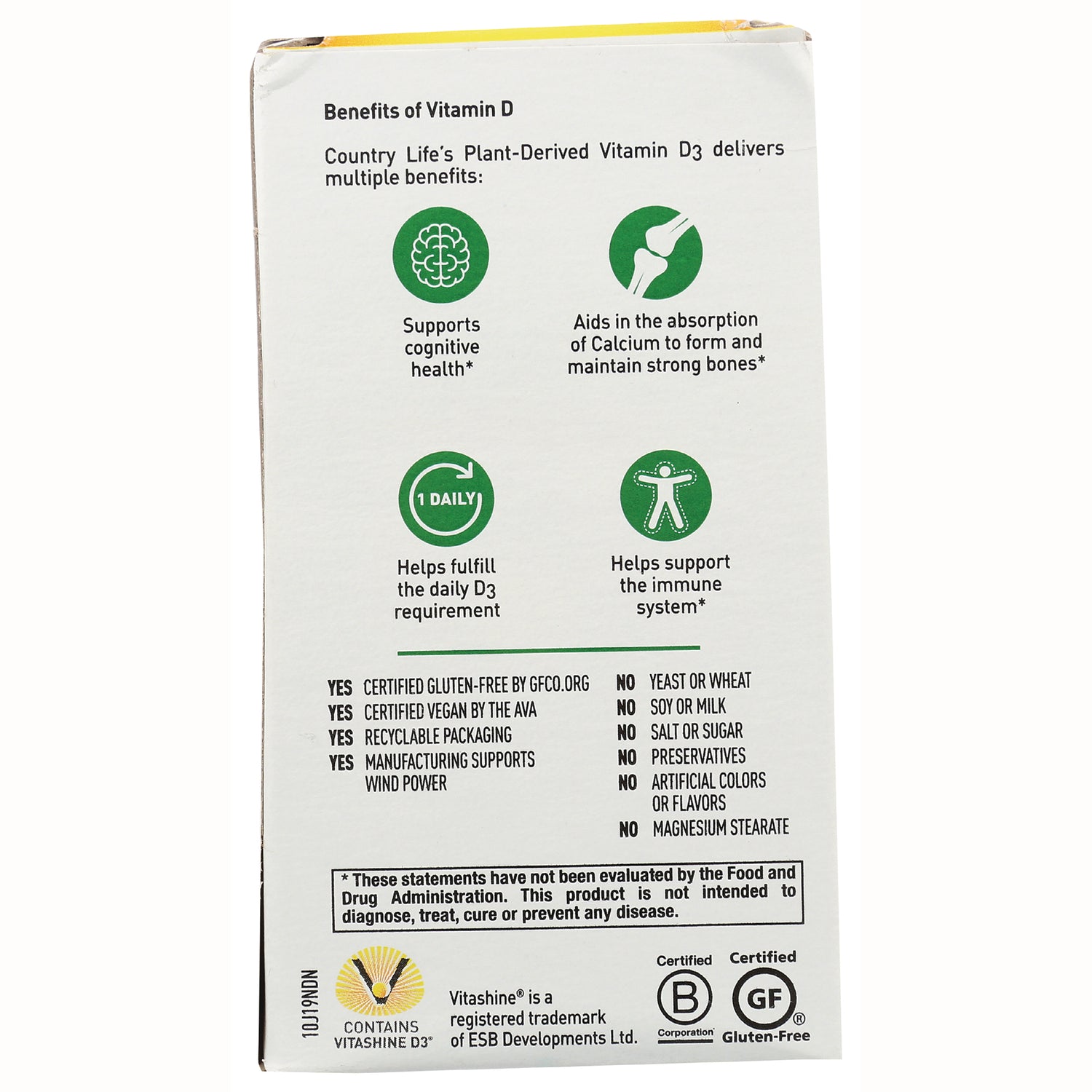 CRL592 | Back of Vitamin D box showing benefits, icons, certifications, and ingredient claims