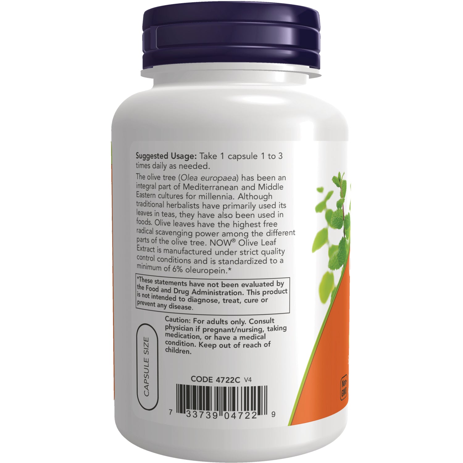 NWF696 | Back label of white supplement bottle showing suggested usage text, caution, barcode, and capsule size