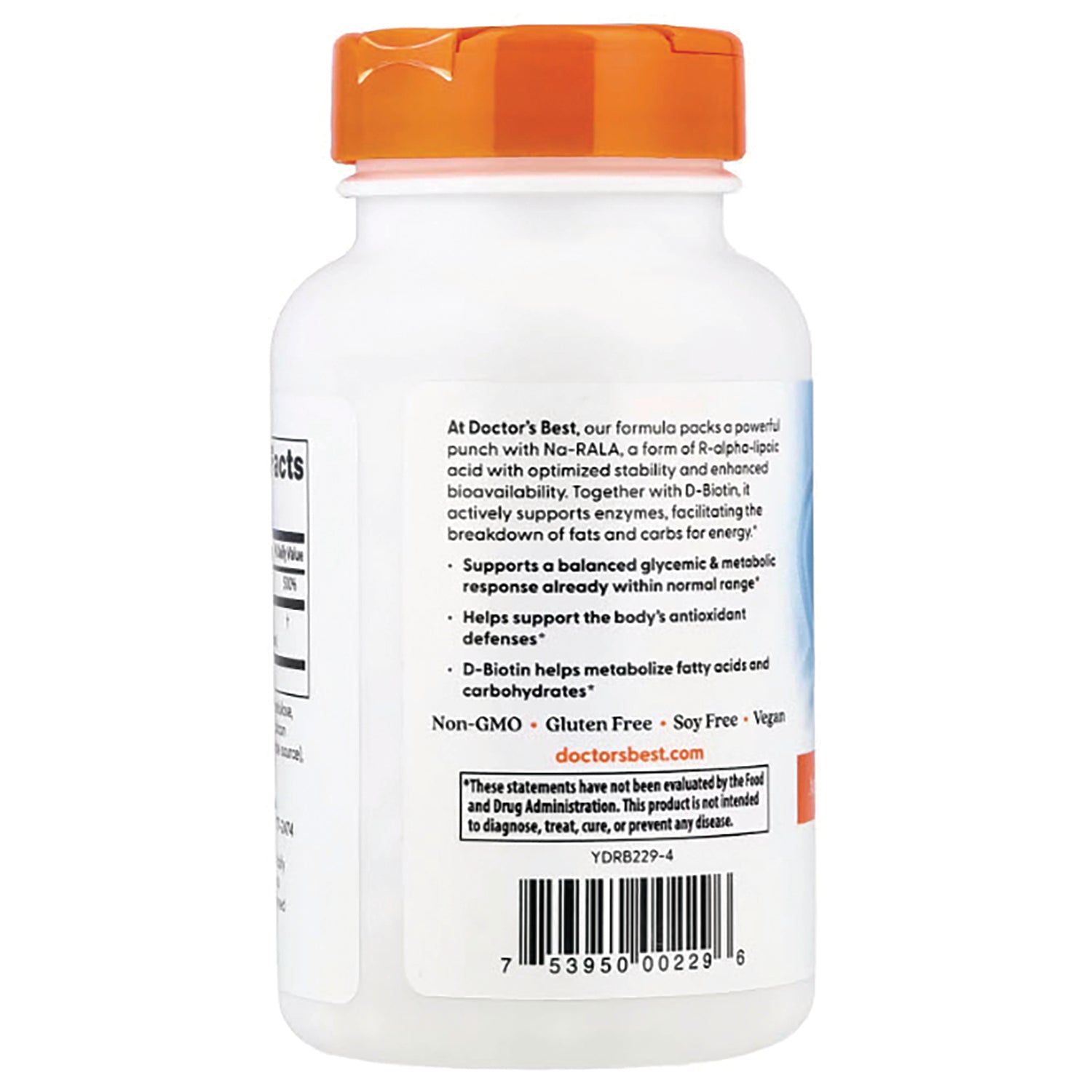 DB144 | back of white supplement bottle with orange cap showing label text, Non-GMO Gluten Free Soy Free Vegan, and barcode