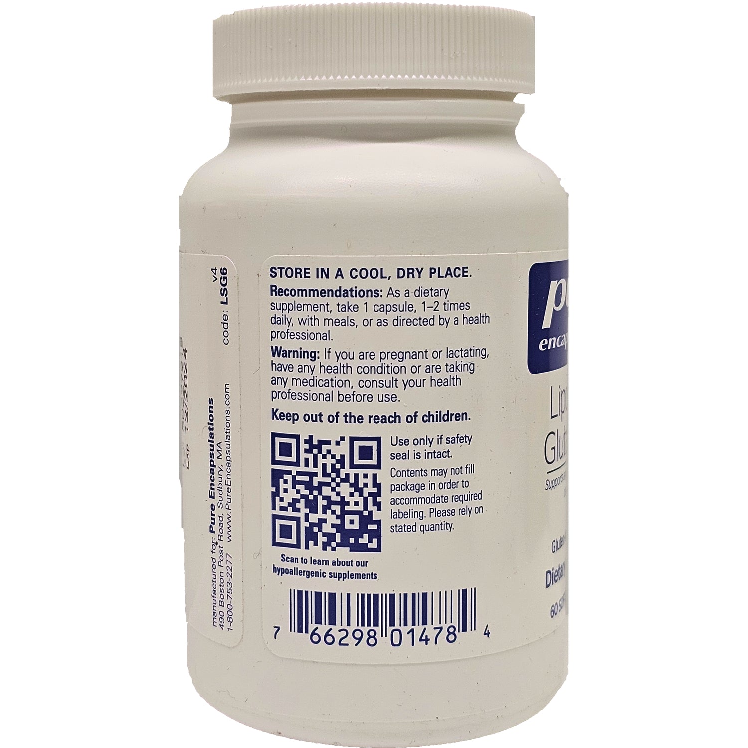 PRN129 | back of white supplement bottle showing storage instructions, warnings, QR code and barcode