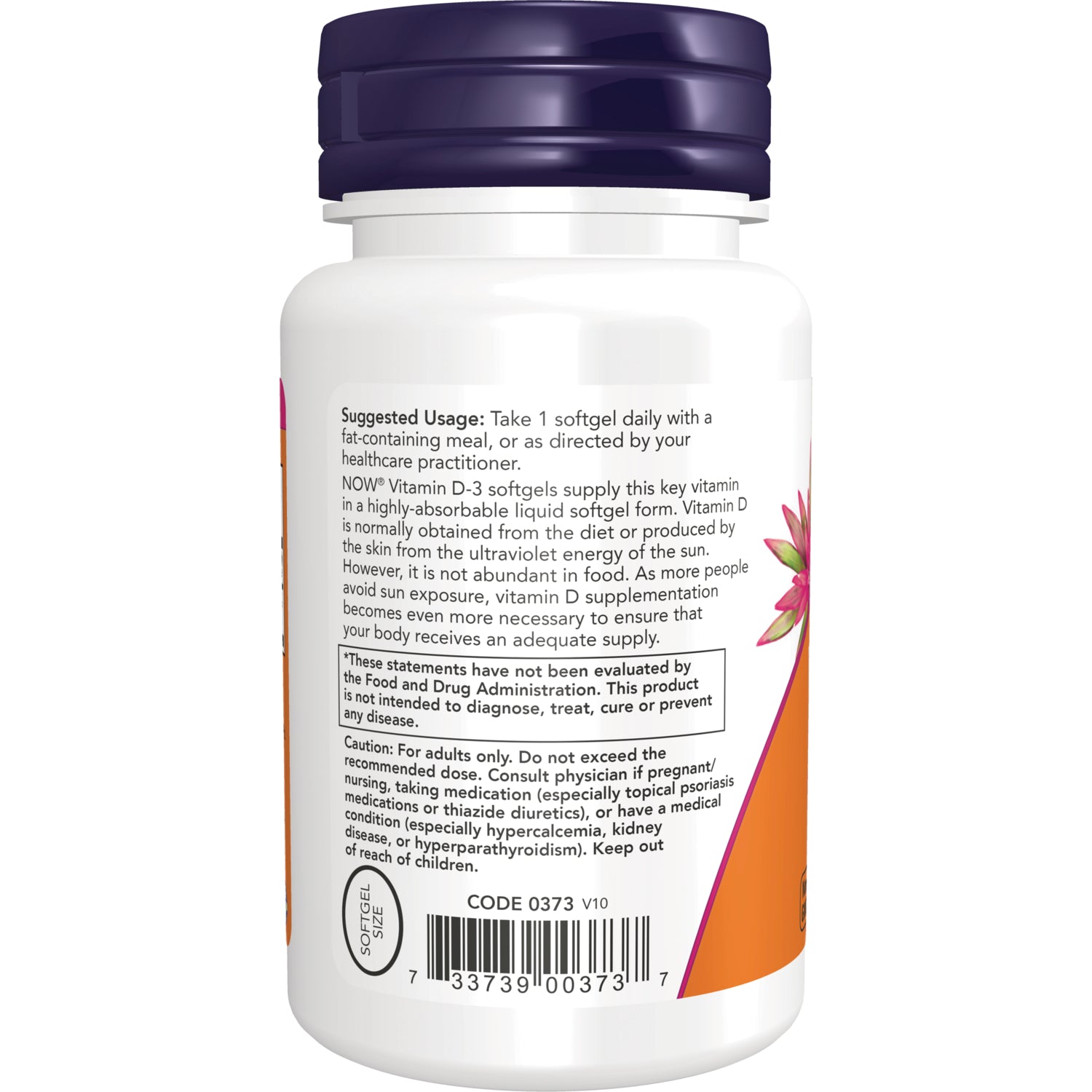NWF391 | Back label of supplement bottle with Suggested Usage, caution box, barcode, and CODE 0373