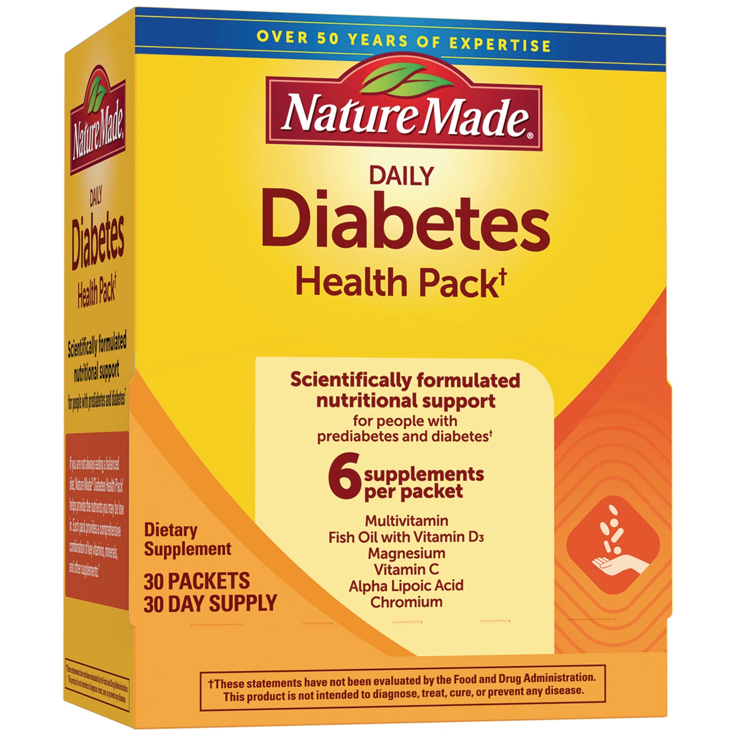 NTM131 | Nature Made Daily Diabetes Health Pack front box showing 6 supplements per packet and 30 packets 30 day supply