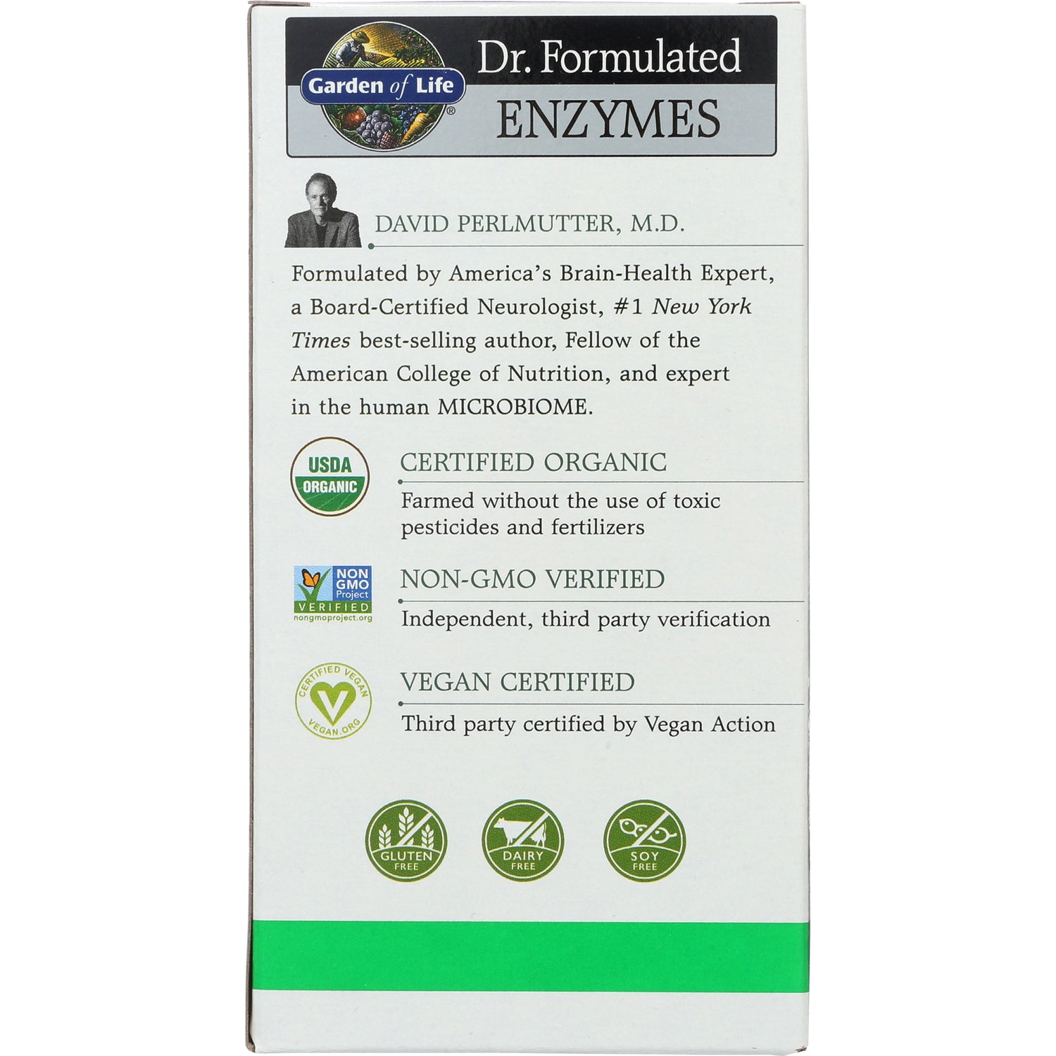GLF206 | Back of Garden of Life Dr. Formulated Enzymes box listing certified organic, non-GMO verified, vegan certified