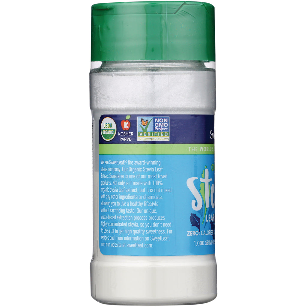 WA074 | Back of SweetLeaf Organic Stevia sweetener shaker with USDA Organic, Kosher, and Non-GMO Project Verified icons - Thumbnail