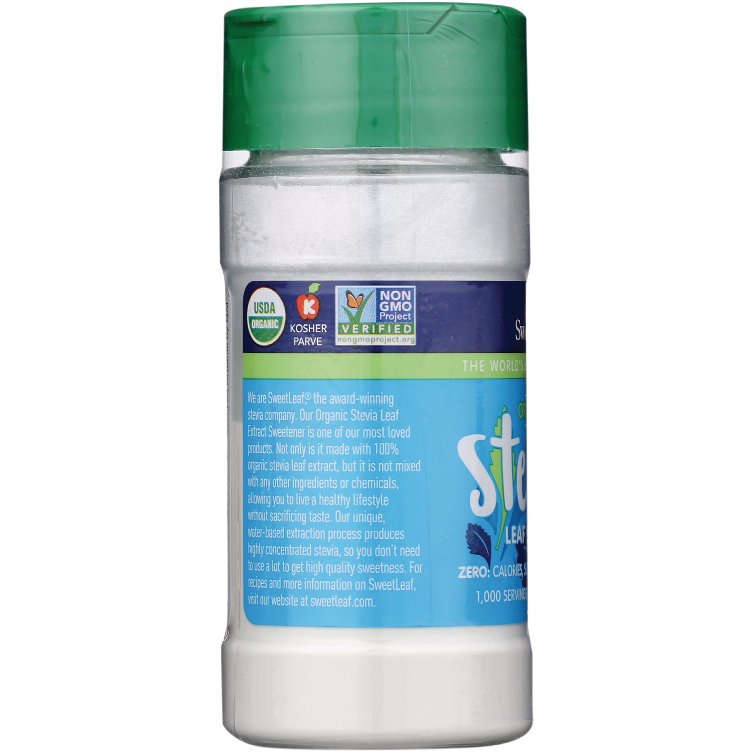 WA074 | Back of SweetLeaf Organic Stevia sweetener shaker with USDA Organic, Kosher, and Non-GMO Project Verified icons