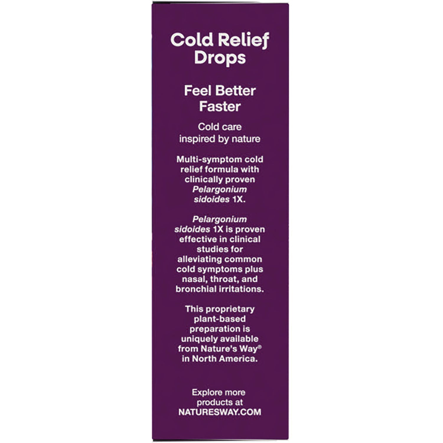 NW582 | Back of purple Cold Relief Drops box showing claims text including Feel Better Faster and NATURESWAY.COM
