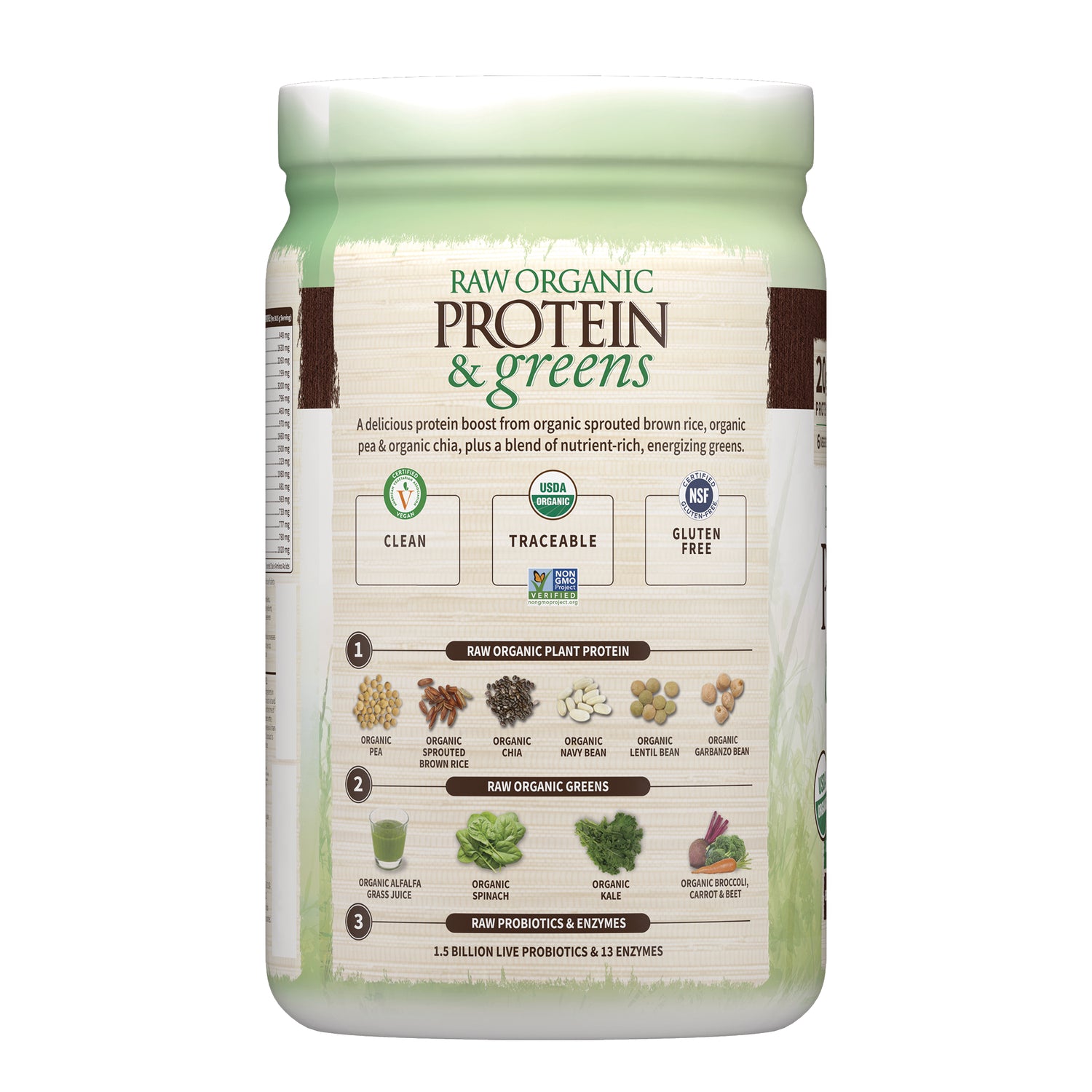 GLF219 | Back label of RAW ORGANIC PROTEIN & greens powder showing ingredient icons, benefits and ingredient illustrations