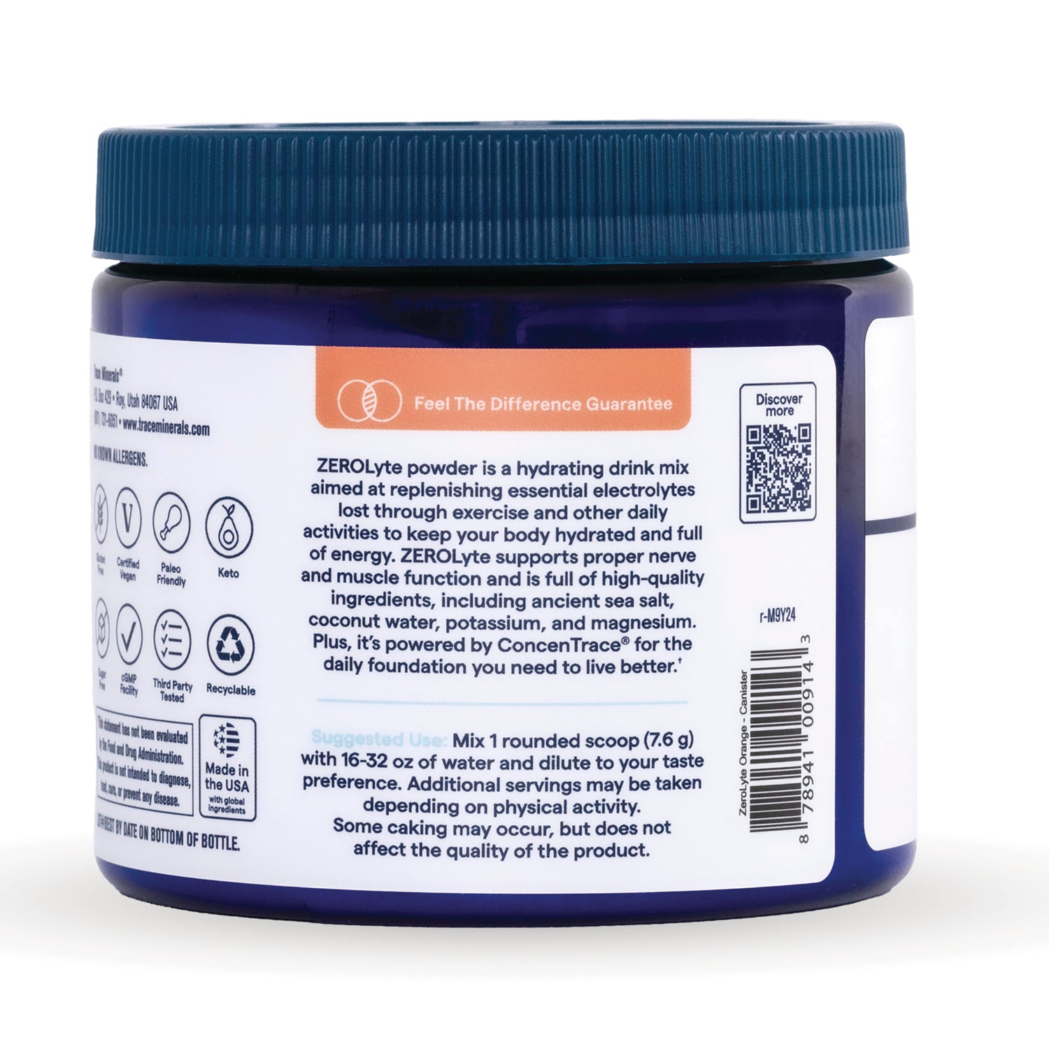 TM168 | Back label of ZEROlyte electrolyte drink mix powder with directions, icons, barcode, and QR code