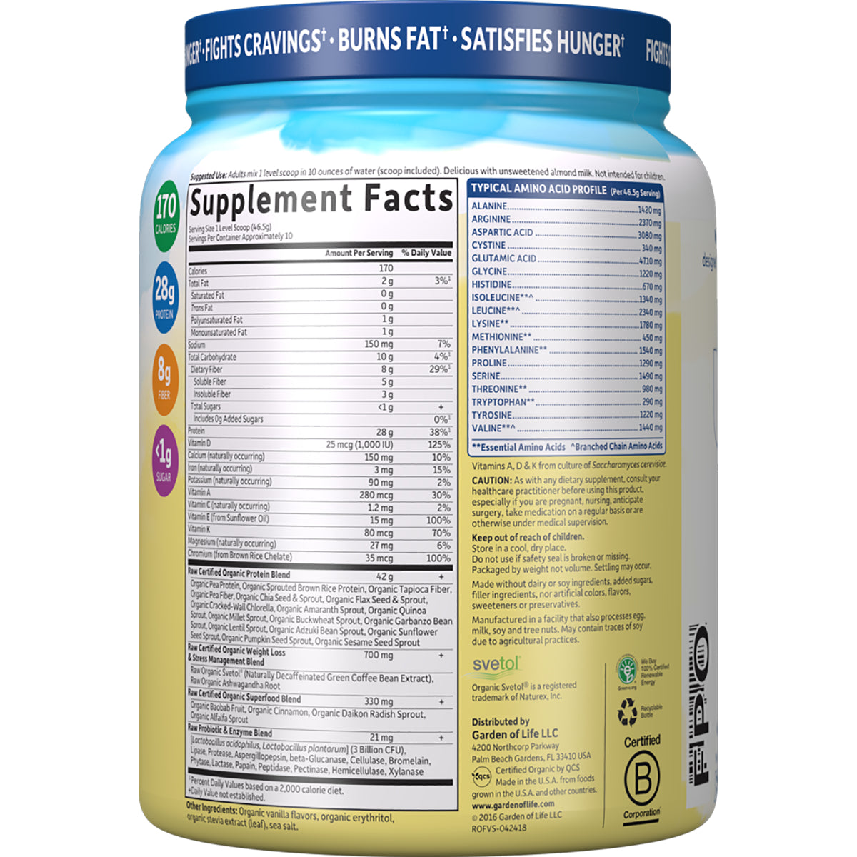 GLF196 | back label of supplement jar showing Supplement Facts panel, typical amino acid profile, nutrition facts and caution text
