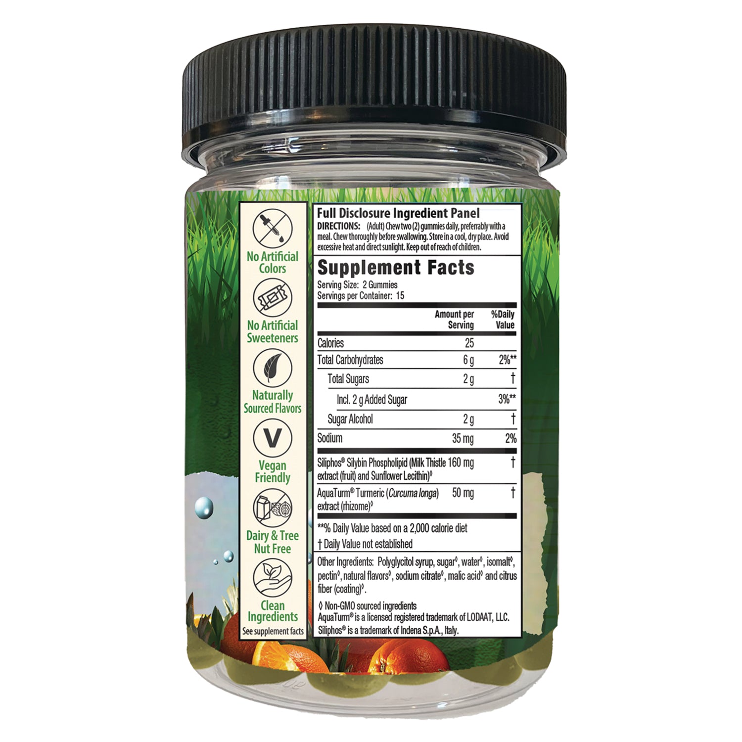IR308 | Back of supplement jar showing Supplement Facts panel, ingredient list, and icons for vegan and allergen info