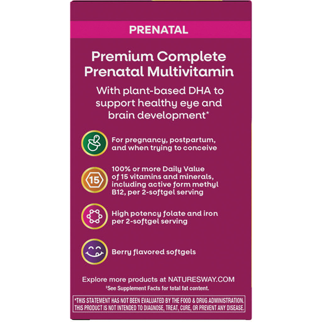 NW1043 | Premium Complete Prenatal Multivitamin product infographic listing plant-based DHA, folate, iron, and berry flavored softgels - Thumbnail