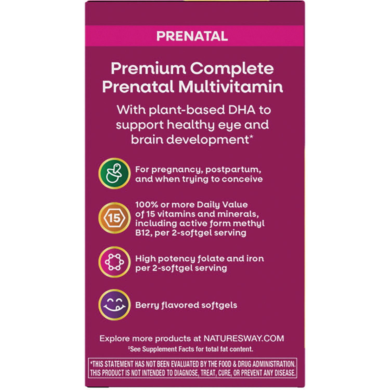 NW1043 | Premium Complete Prenatal Multivitamin product infographic listing plant-based DHA, folate, iron, and berry flavored softgels