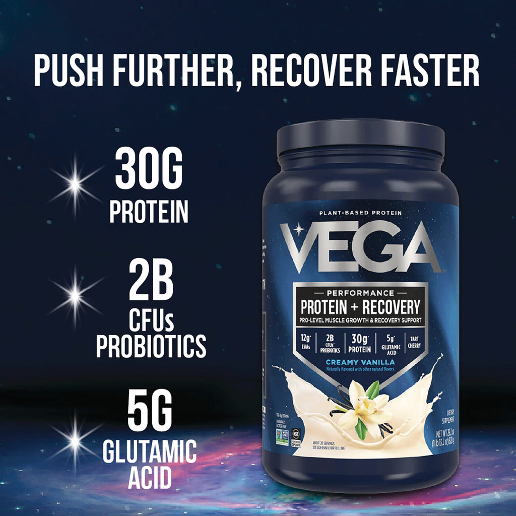 VGA005 | Vega Protein + Recovery creamy vanilla jar with text: Push further, recover faster; 30g protein; 2B CFUs probiotics; 5g glutamic acid - Thumbnail