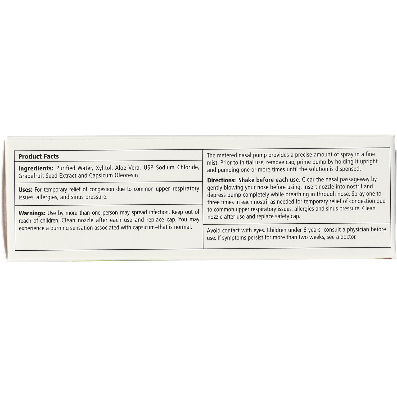 XL060 | Back panel with Product Facts, Ingredients, Uses, Warnings, and Directions for nasal spray