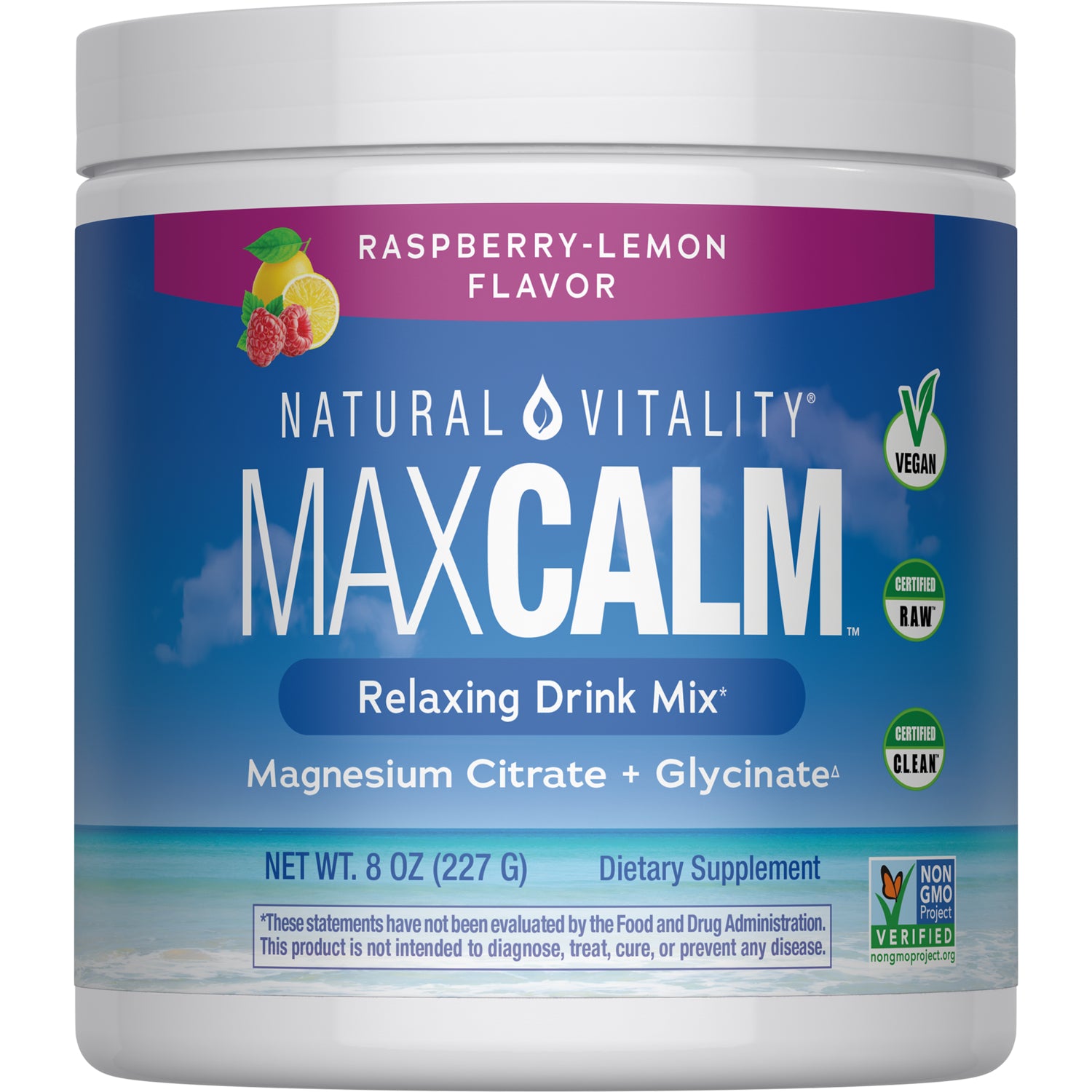 NVT051 | Front label of Natural Vitality CALM magnesium supplement tub, raspberry-lemon flavor
