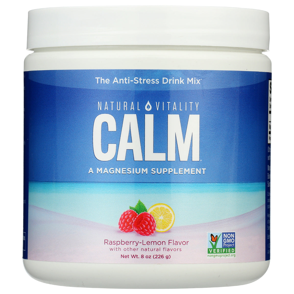 NVT051 | Front label of Natural Vitality CALM magnesium supplement tub, raspberry-lemon flavor