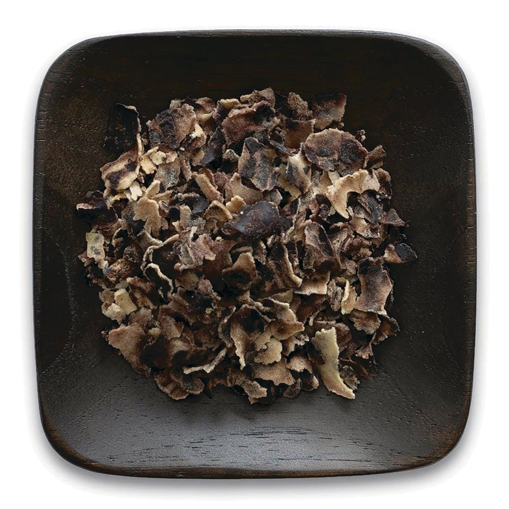 FNP389 | dark wooden square bowl filled with dried brown mushroom flakes - Thumbnail