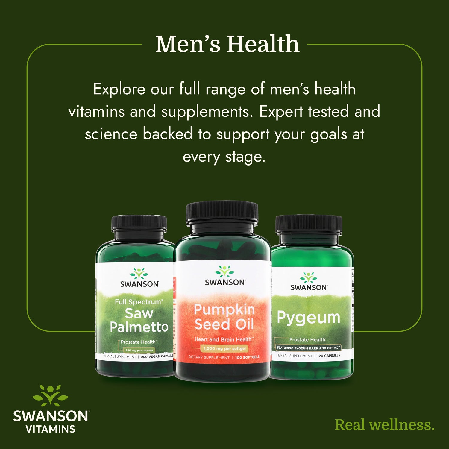 SW364 | Swanson Vitamins men’s health infographic with three supplements and promotional text