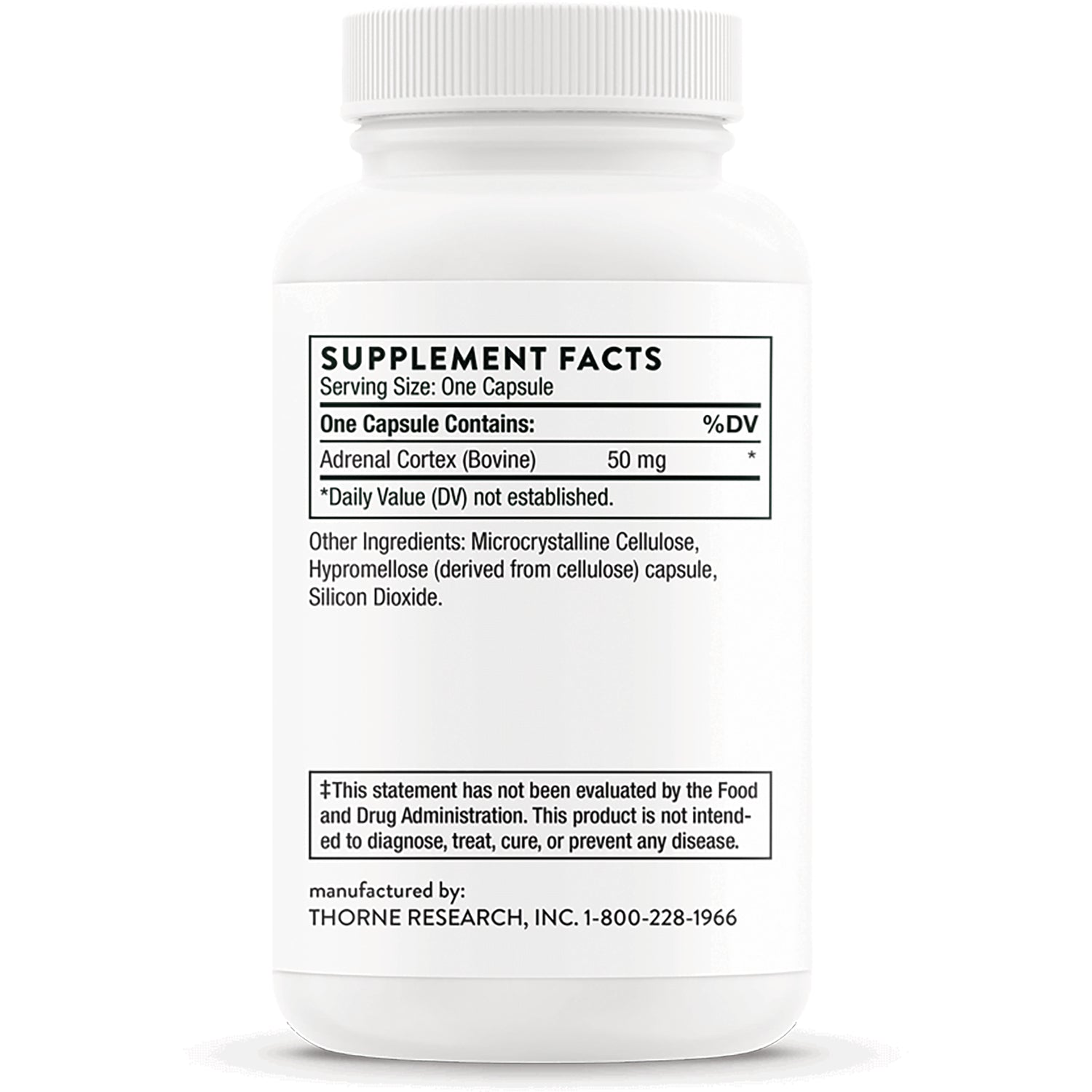 TRN019 | Back of Thorne supplement bottle with Supplement Facts panel for Adrenal Cortex 50 mg capsule