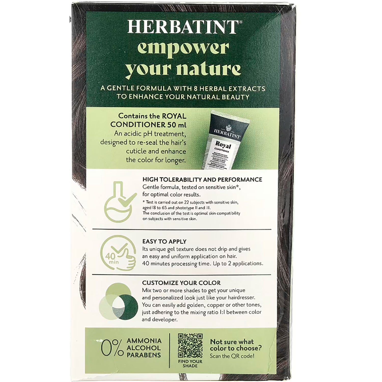 HBT002 | HERBATINT back panel with product claims, conditioner mention, application instructions and 0% ammonia alcohol parabens