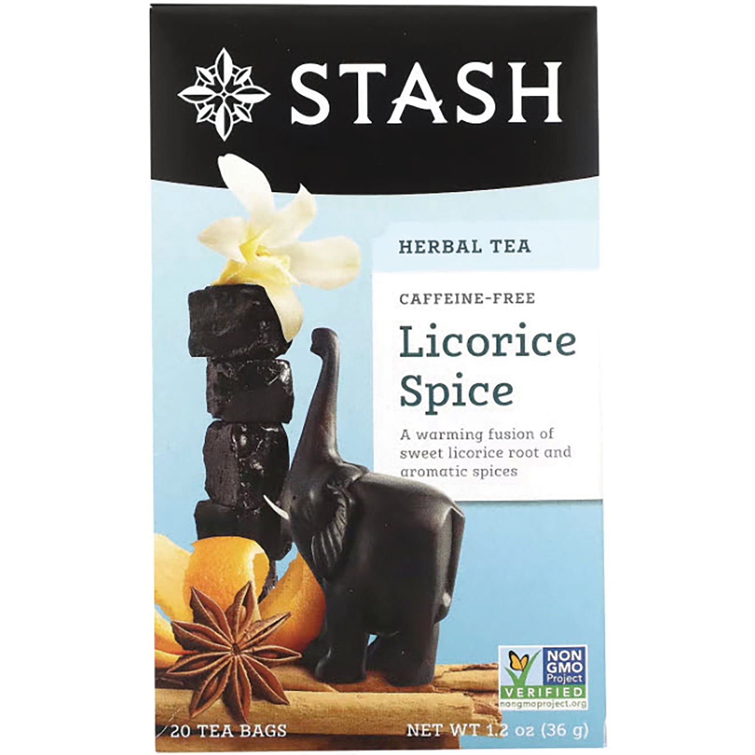 STH011 | Stash Herbal Tea Licorice Spice box front, caffeine-free, 20 tea bags, Non-GMO Project Verified