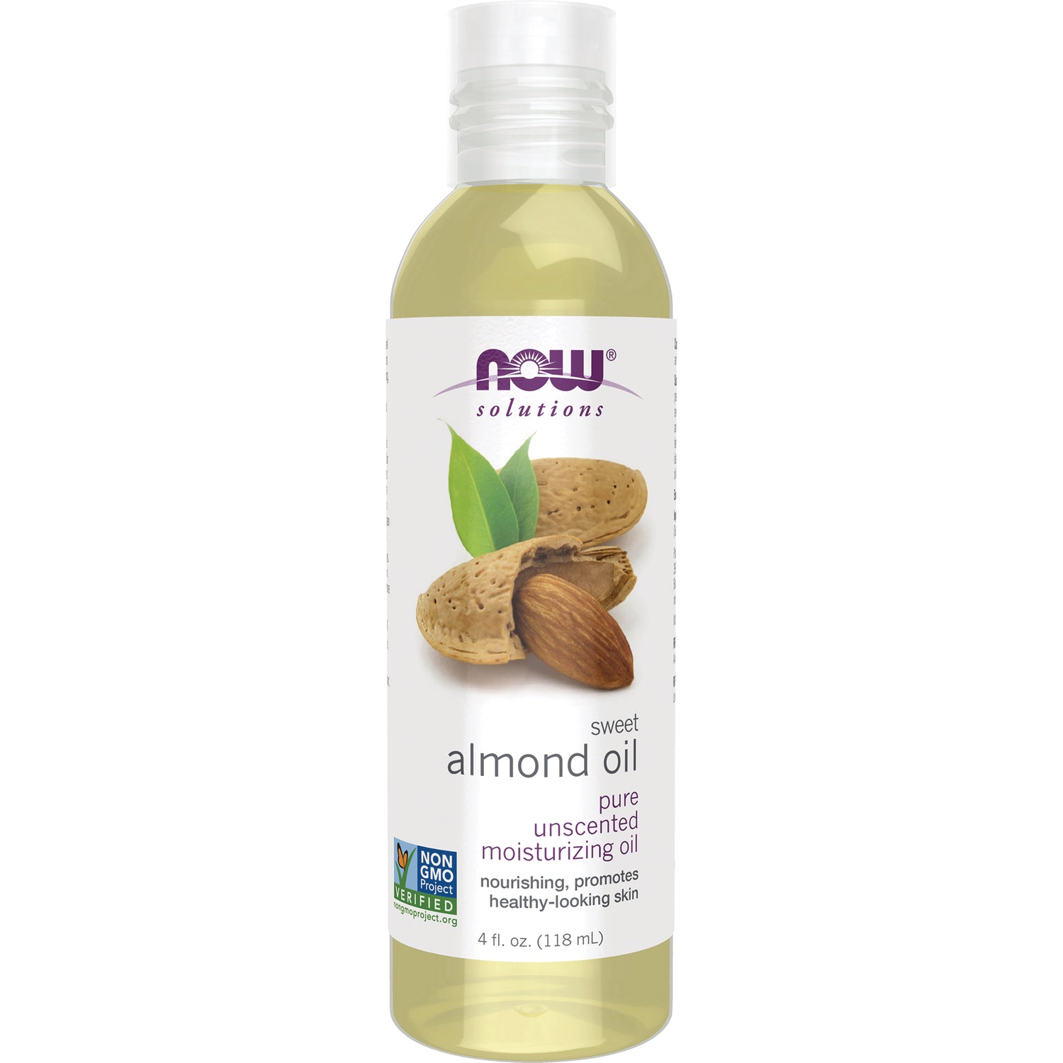 NWF018 | 4 fl oz bottle of NOW Solutions sweet almond oil, unscented moisturizing oil with almond illustration