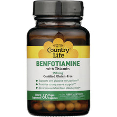 CRL593 | Country Life Benfotiamine with Thiamin 150 mg bottle, 60 vegan capsules, amber jar with yellow label