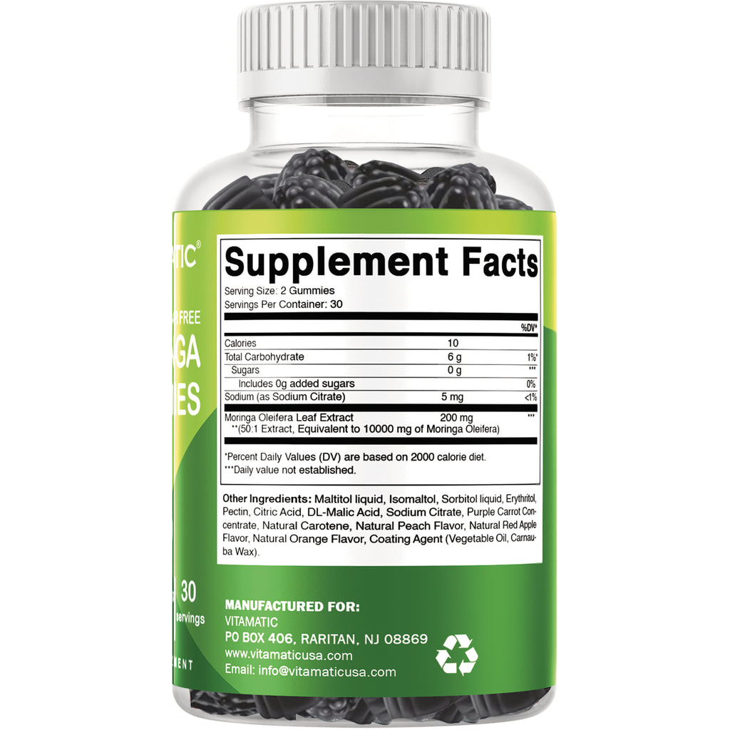 VAM018 | Supplement Facts and ingredients panel on back of Moringa gummies bottle - Thumbnail