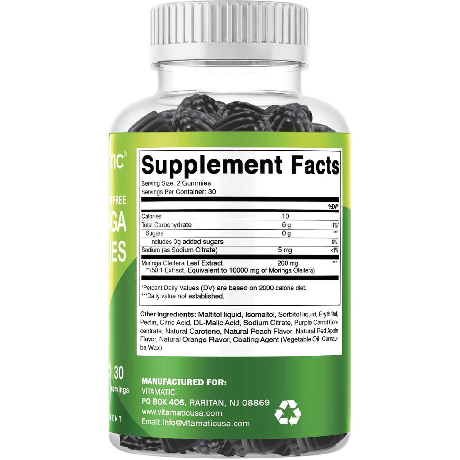 VAM018 | Supplement Facts and ingredients panel on back of Moringa gummies bottle