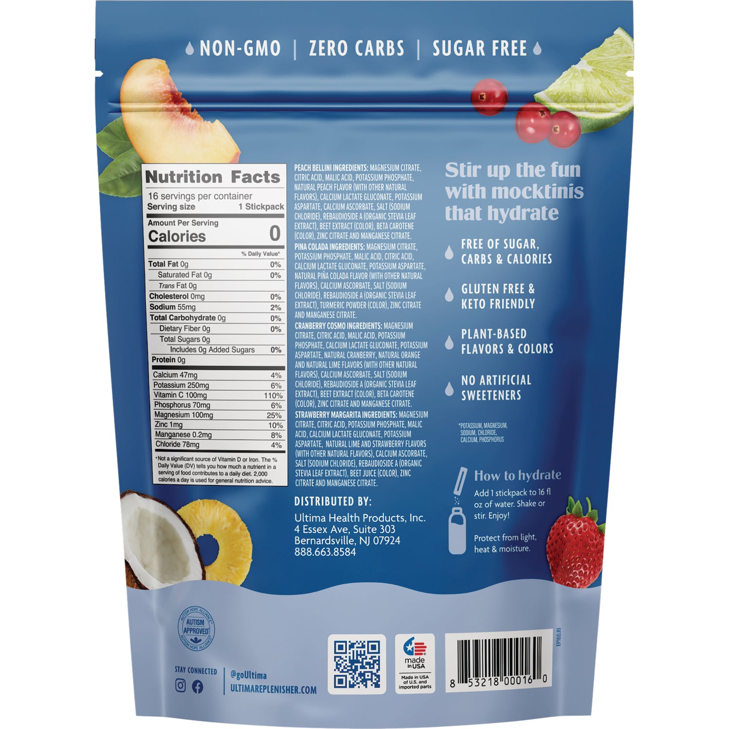 UHP032 | Back of Ultima Replenisher bag with Nutrition Facts, ingredients, and claims: Non-GMO, Zero Carbs, Sugar Free