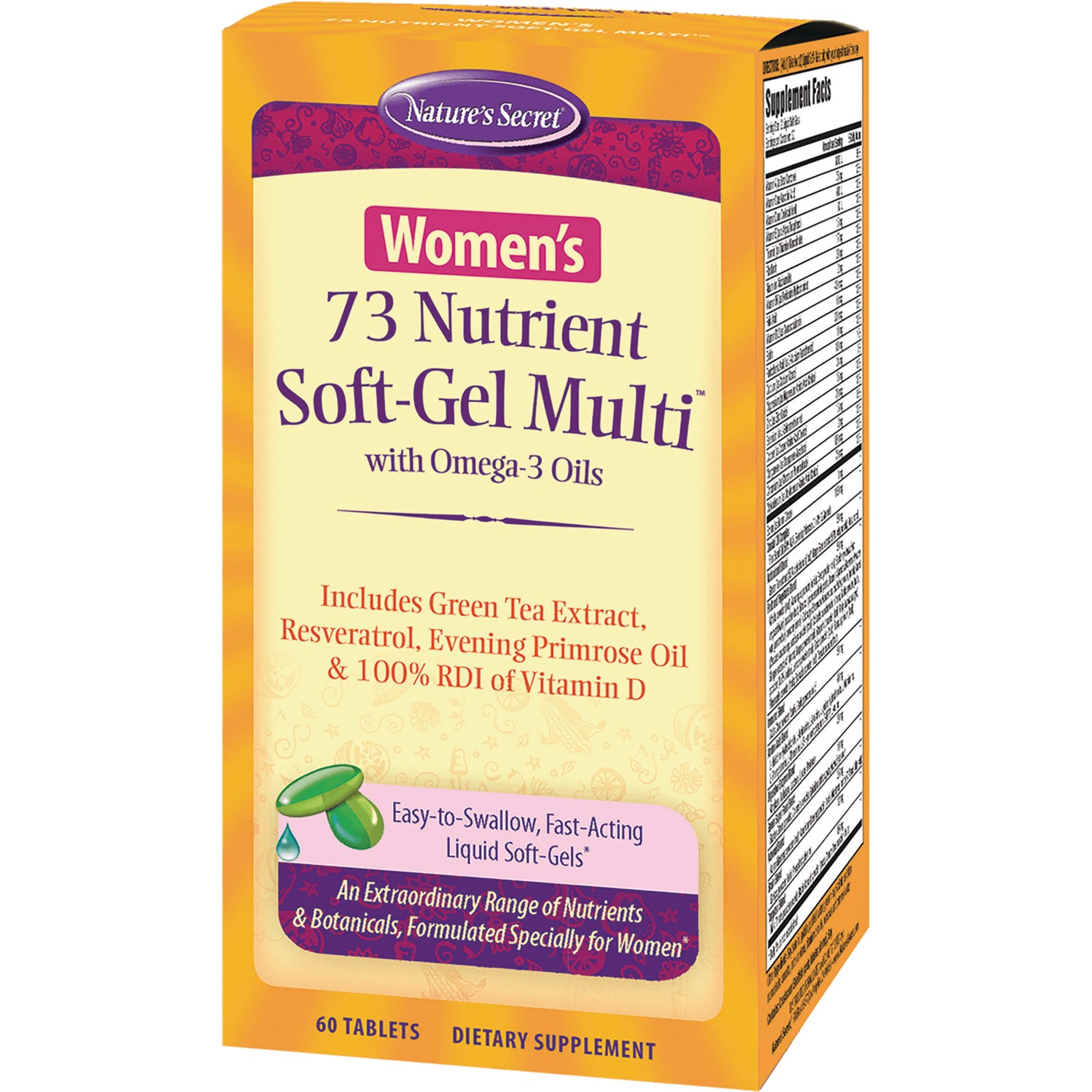 NTS37 | Nature's Secret Women's 73 Nutrient Soft-Gel Multi box with Omega-3 Oils front packaging showing 60 tablets
