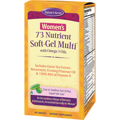 NTS37 | Nature's Secret Women's 73 Nutrient Soft-Gel Multi box with Omega-3 Oils front packaging showing 60 tablets