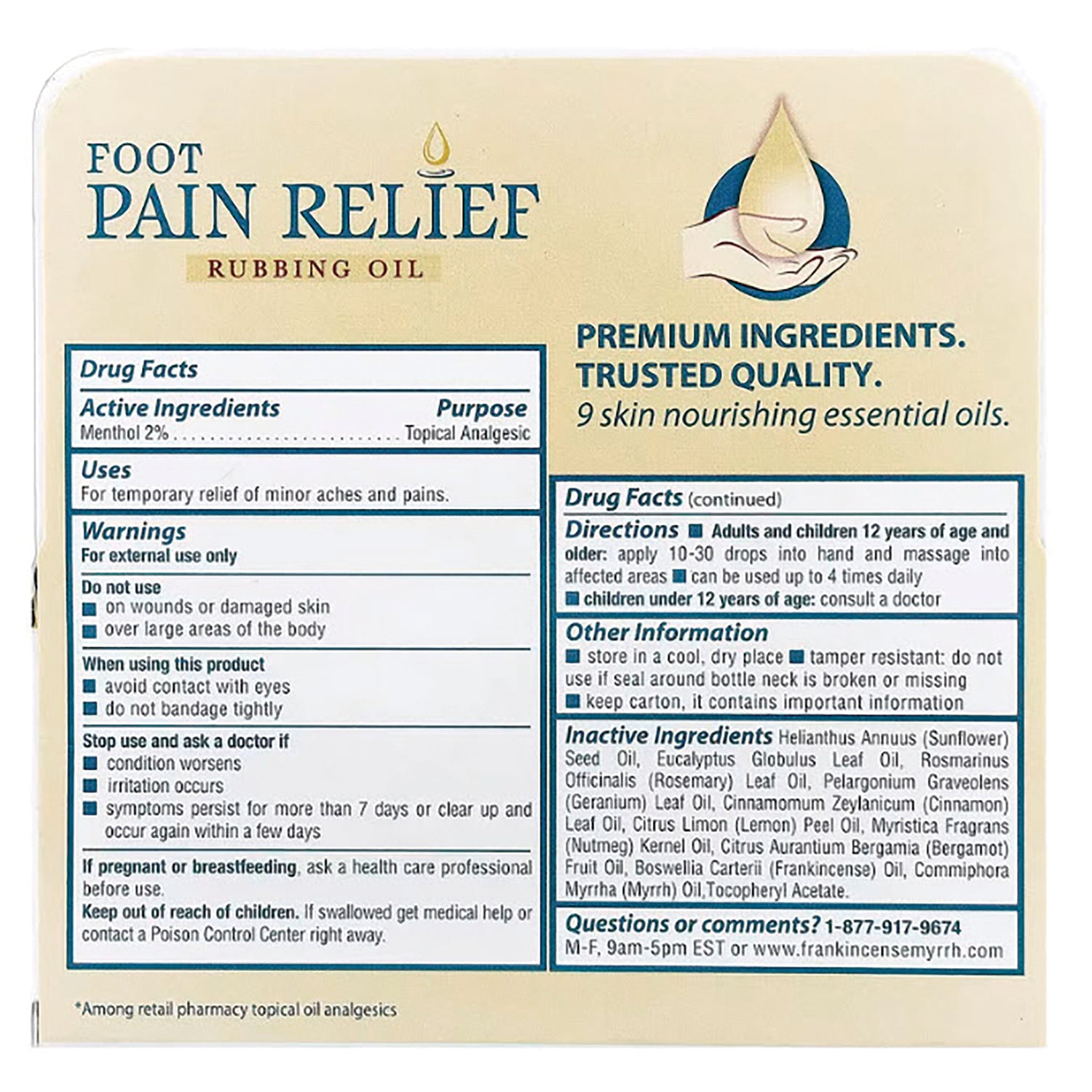 FMY001 | back label of Foot Pain Relief rubbing oil showing drug facts, directions, warnings, and inactive ingredients