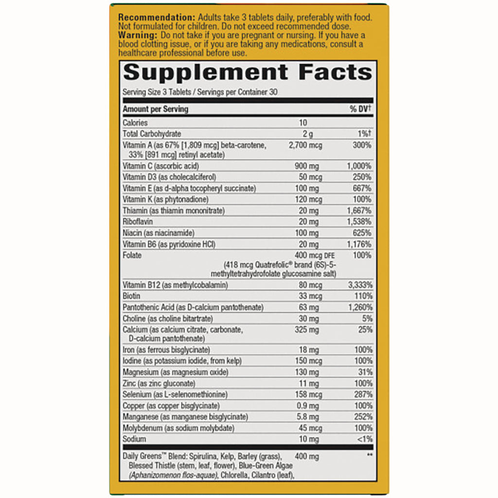 NW578 | Supplement Facts panel showing serving size, list of vitamins and minerals, directions and warnings - Thumbnail