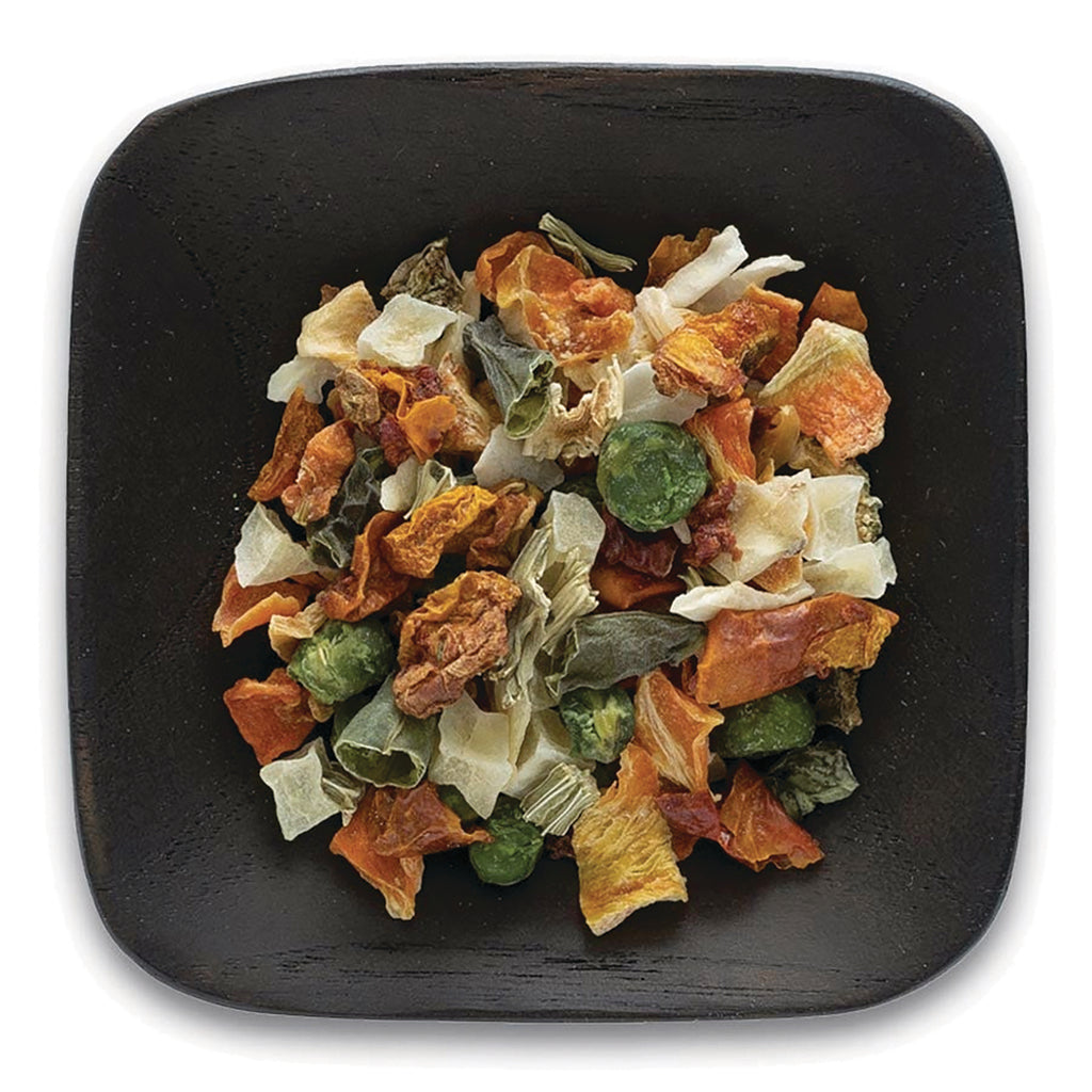 FNP381 | black square plate with dried vegetable mix including peas, carrots, and cabbage - Thumbnail