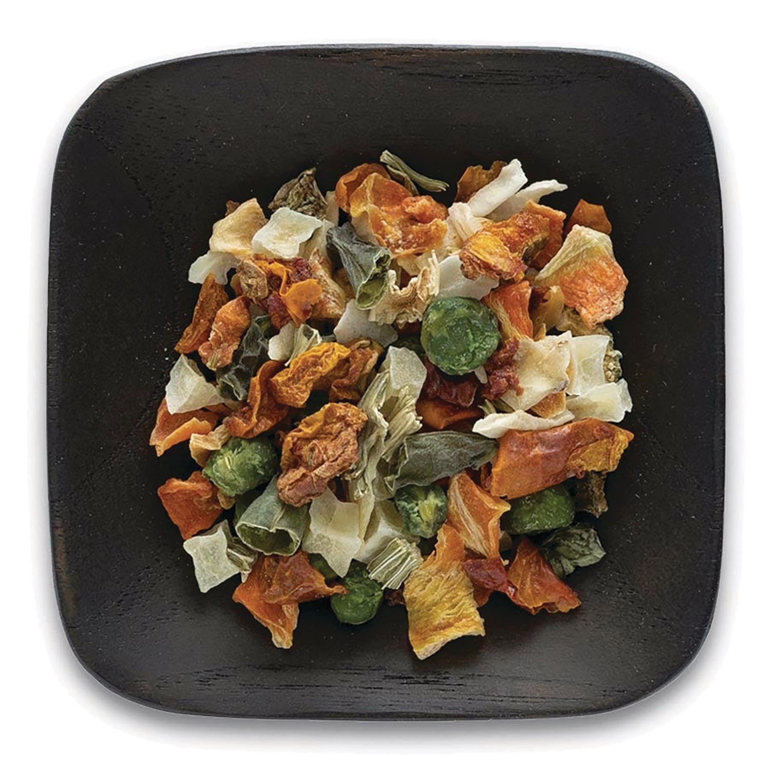 FNP381 | black square plate with dried vegetable mix including peas, carrots, and cabbage