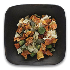 FNP381 | black square plate with dried vegetable mix including peas, carrots, and cabbage