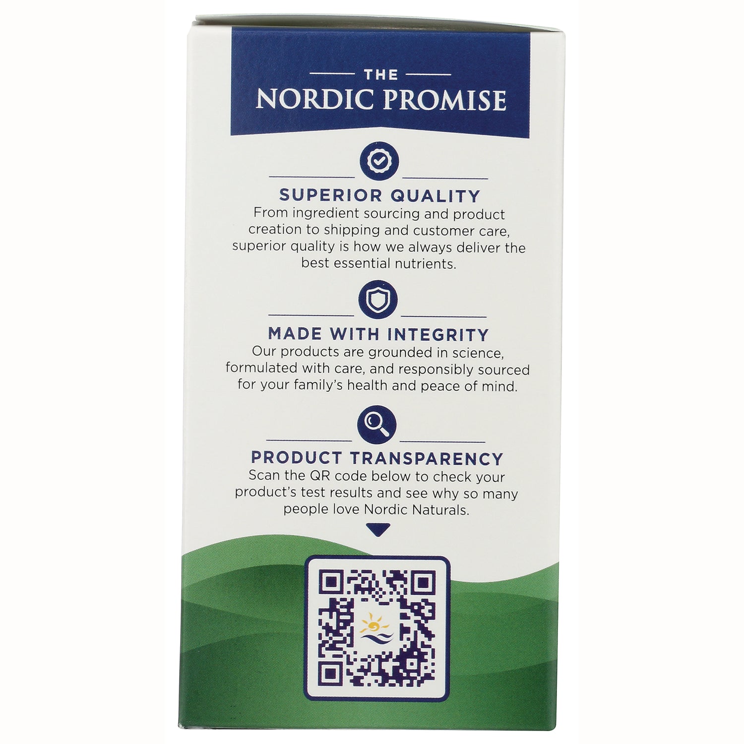 NRN083 | side panel showing The Nordic Promise, superior quality and integrity text with a QR code for product transparency