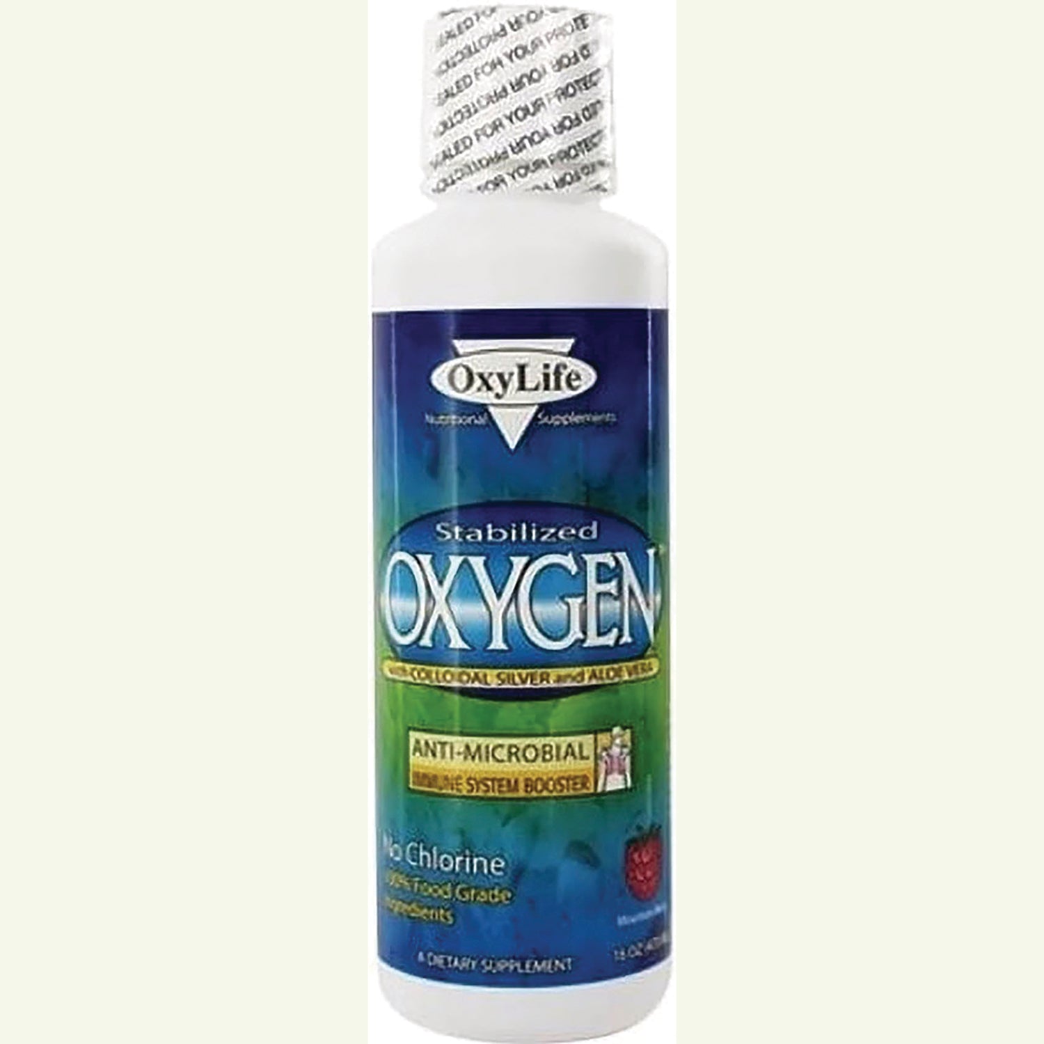 OXY003 | White bottle of OxyLife Stabilized OXYGEN dietary supplement with anti-microbial label