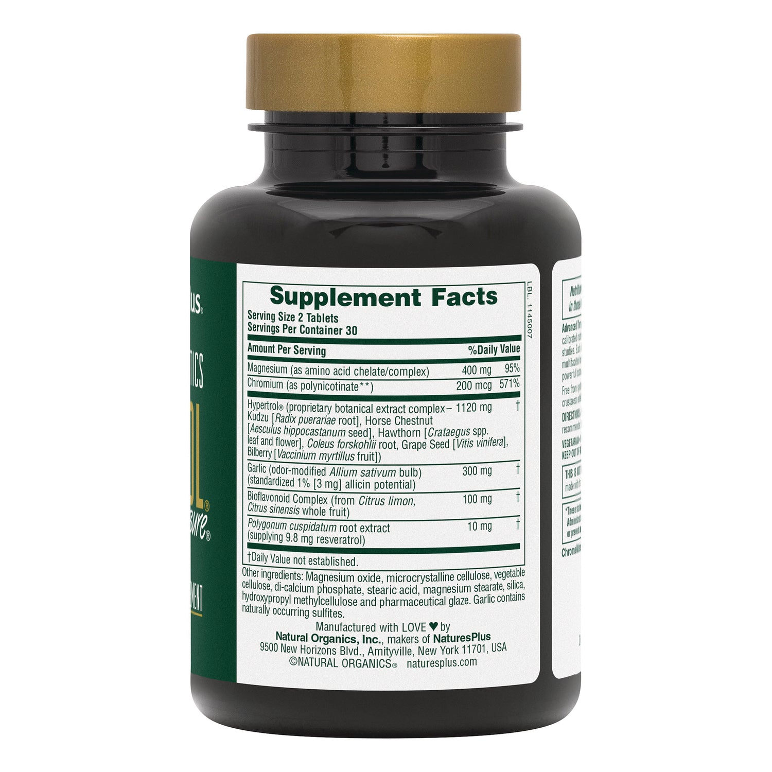 NTP127 | Supplement Facts panel for a Natural Organics bottle with ingredient amounts and daily values