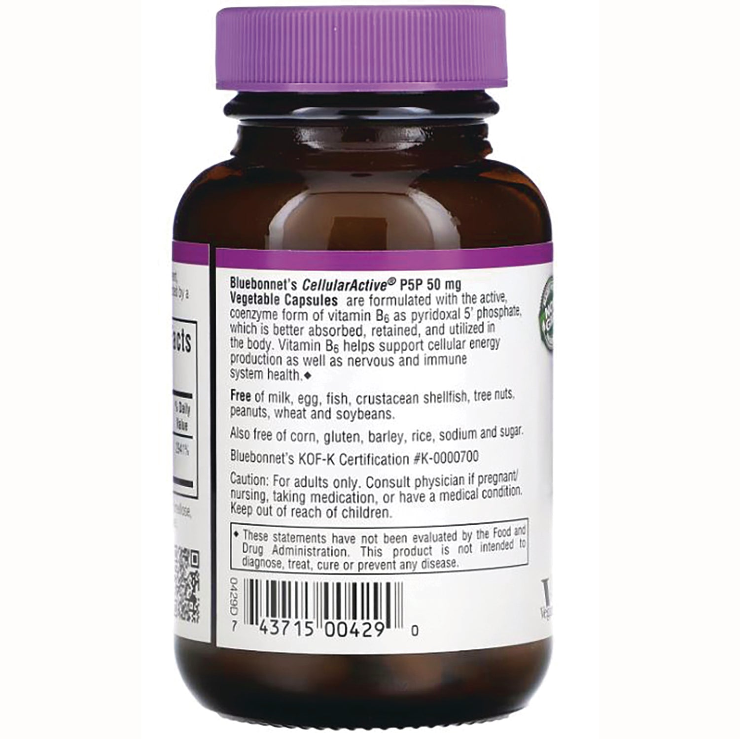 BLU065 | Back label of brown supplement bottle showing ingredients, allergen information and barcode
