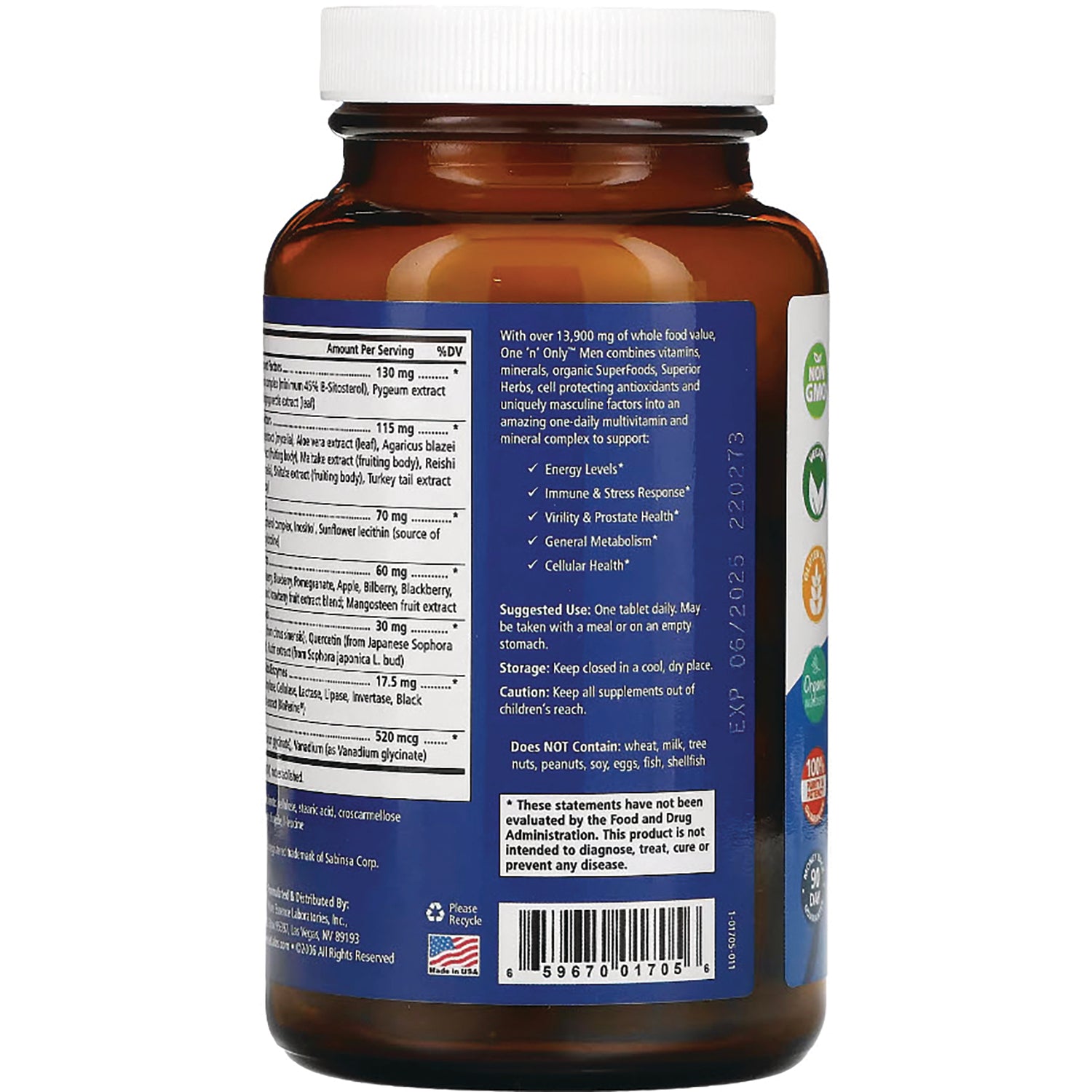 PEL033 | Back of amber supplement bottle showing supplement facts panel, usage instructions, icons and barcode