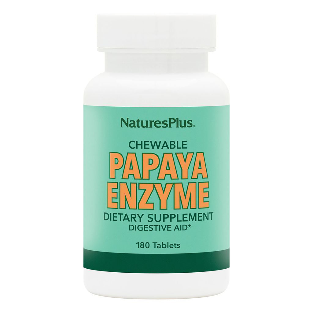 NTP142 | NaturesPlus chewable Papaya Enzyme supplement bottle, 180 tablets, green label - Thumbnail