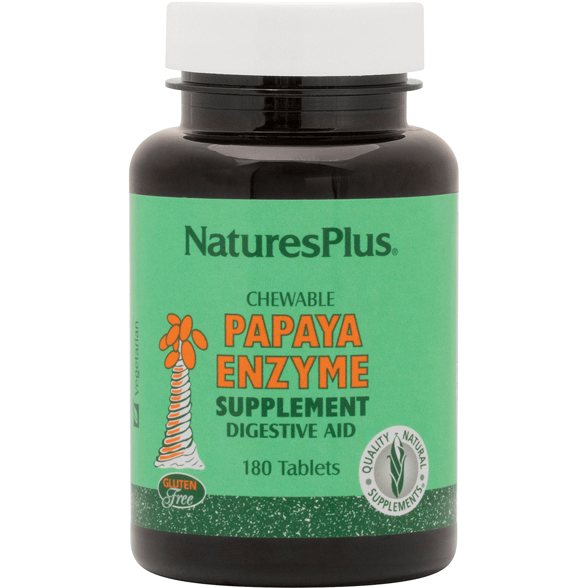 NTP142 | NaturesPlus chewable Papaya Enzyme supplement bottle, 180 tablets, green label