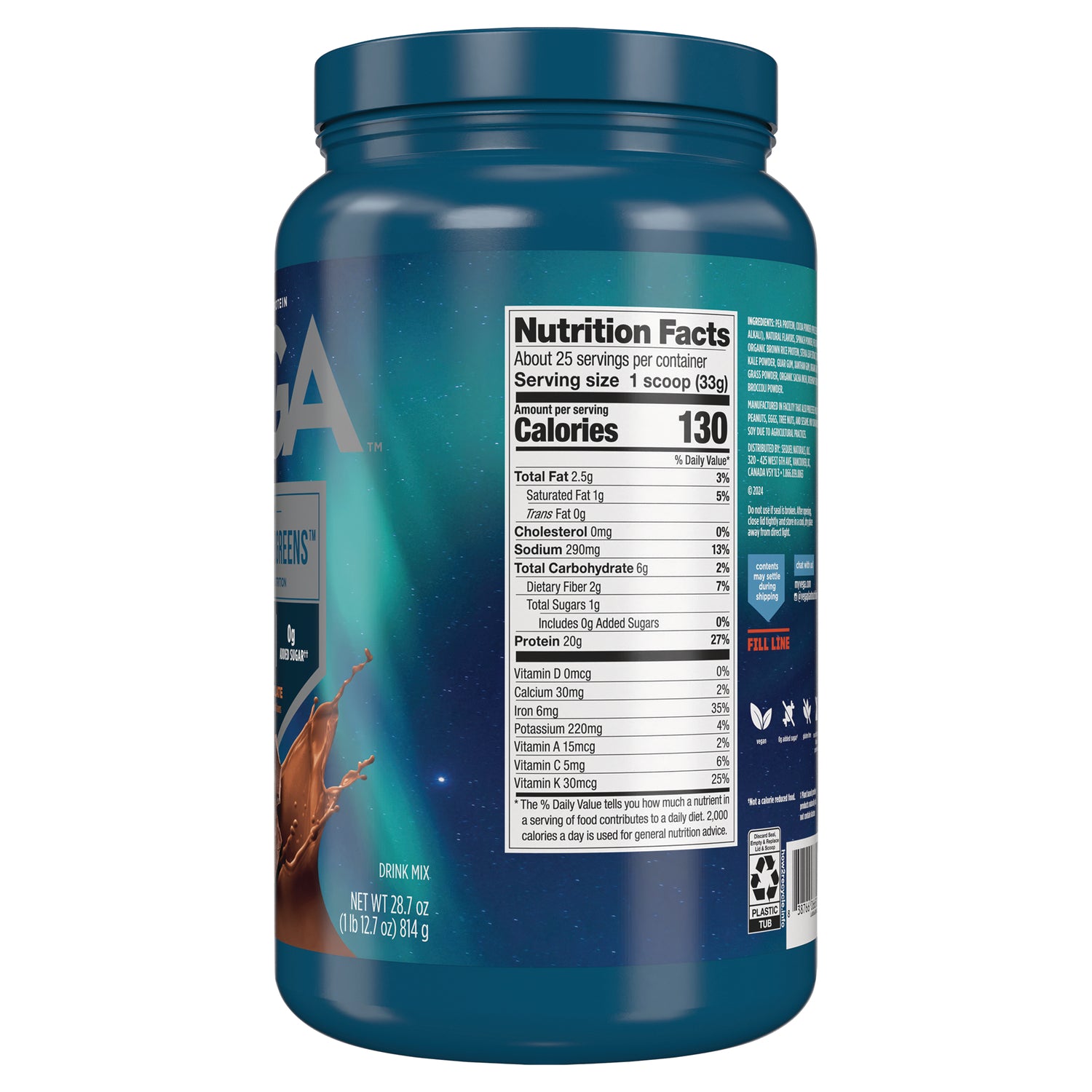 VGA006 | Back of chocolate protein powder tub with Nutrition Facts panel, serving size 1 scoop and 130 calories