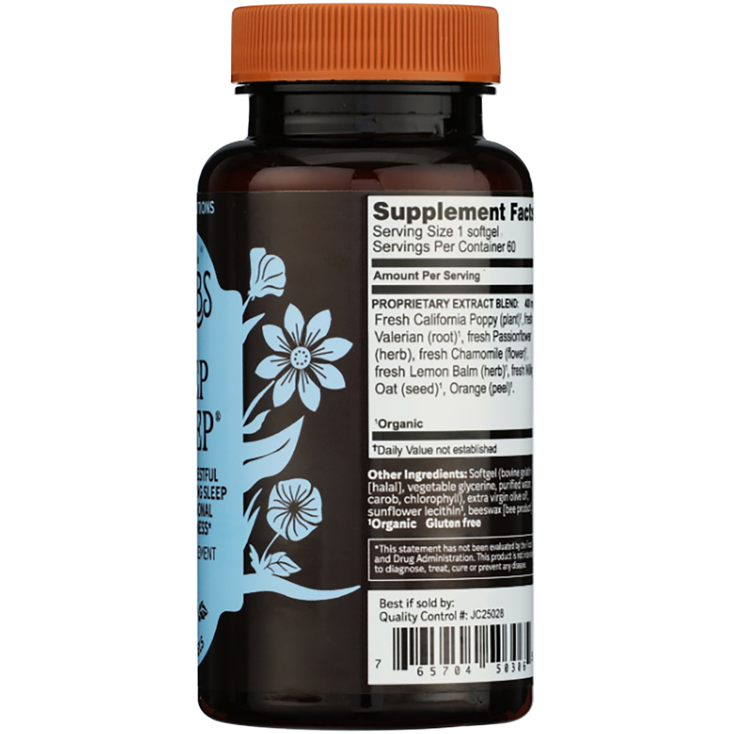 HE106 | Back of supplement bottle showing Supplement Facts panel, ingredient list and green cap