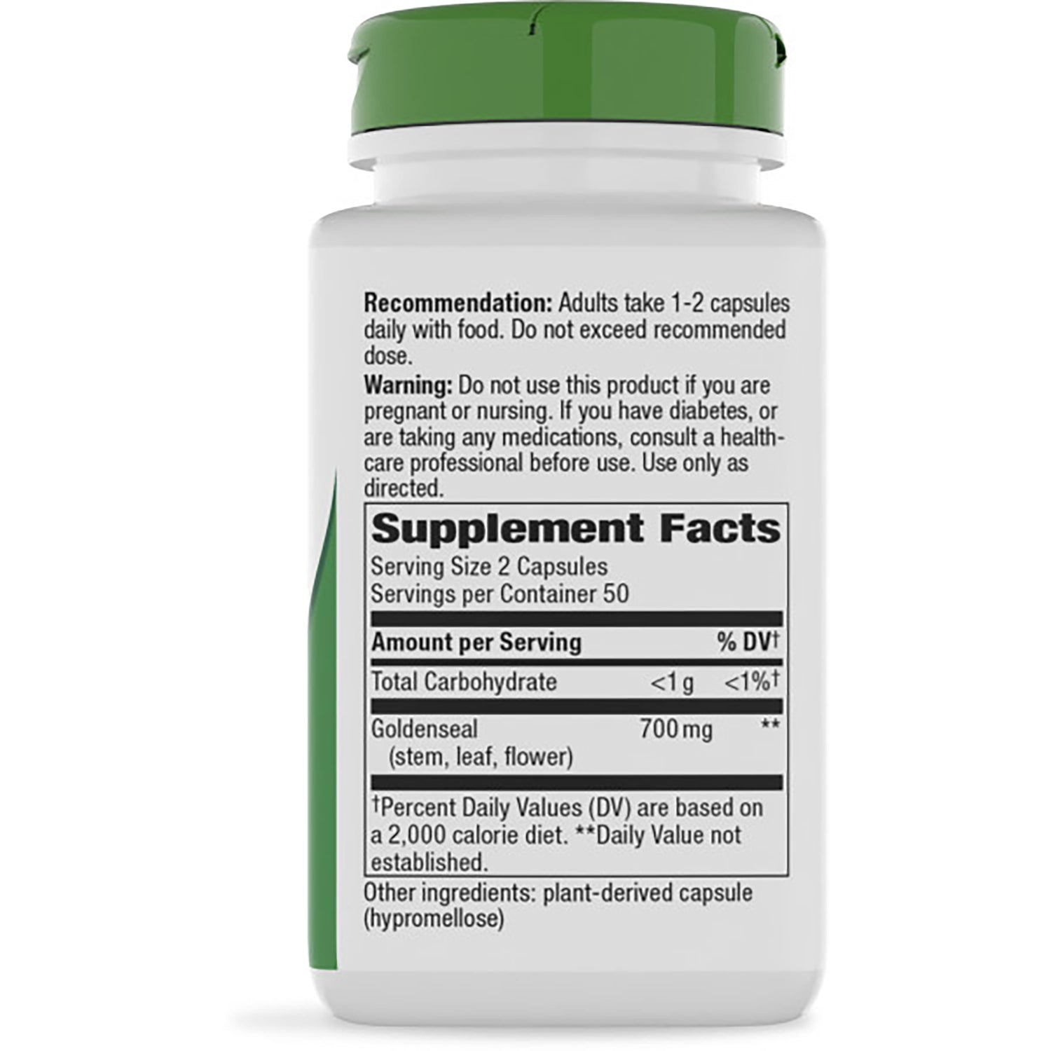 NW734 | back label showing Supplement Facts, warnings and directions on brown bottle with green cap